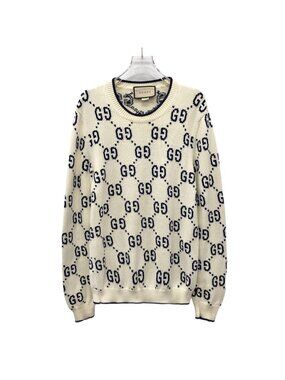 Gucci Beige Jacquard Cotton Crew Neck Knit Sweater